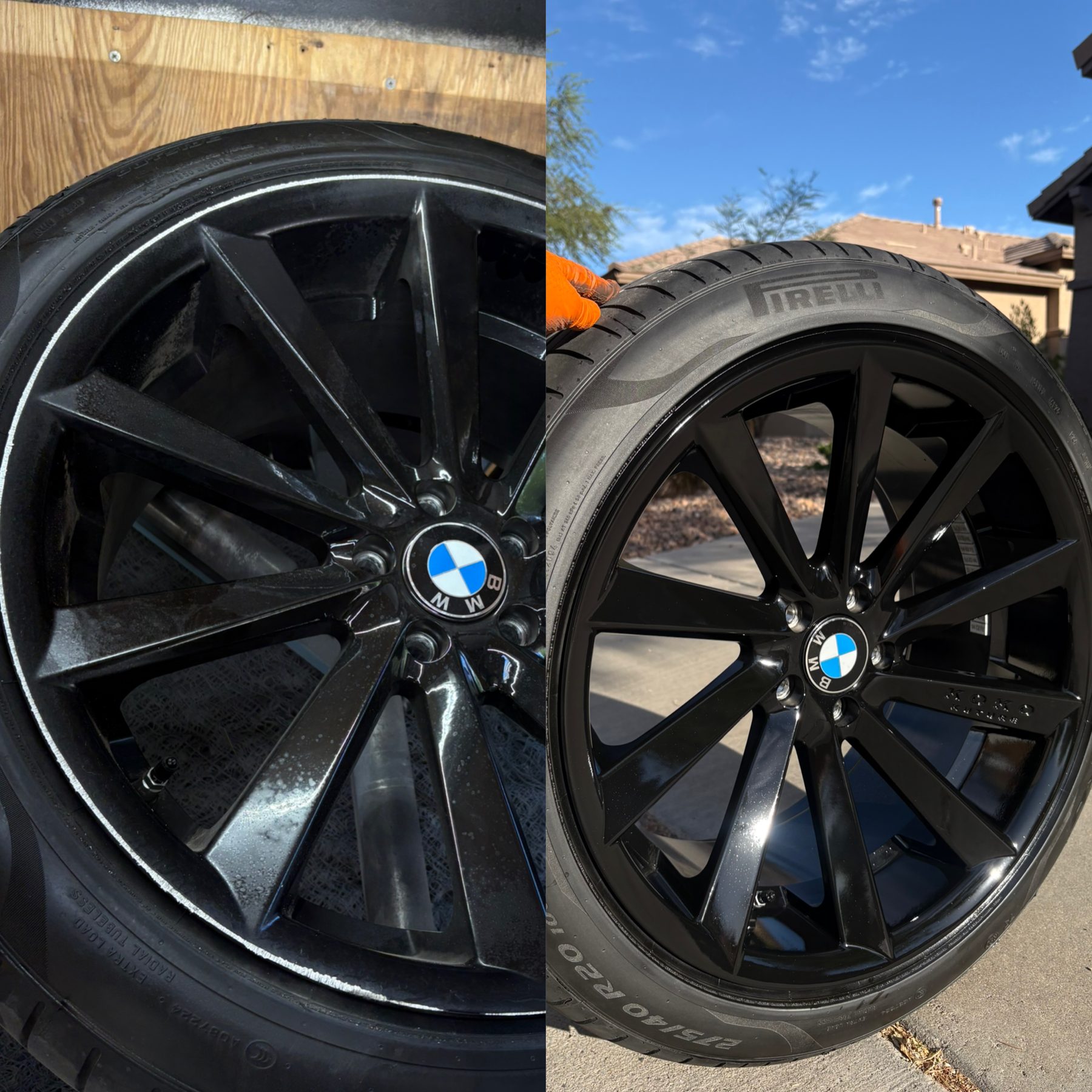 Black BMW wheel before and after curb rash repair